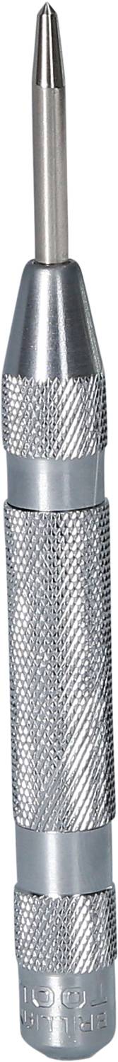 Un punzone d'argento con superficie zigrinata, utilizzato per marcare il materiale prima della foratura o del taglio.