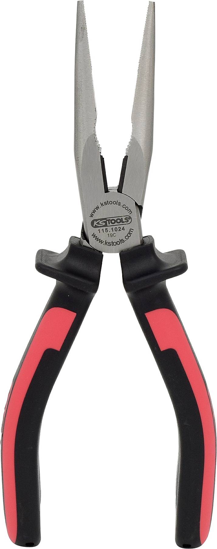 Pinza di precisione con impugnature nere e rosse, adatta per afferrare e tagliare con precisione in lavori artigianali.
