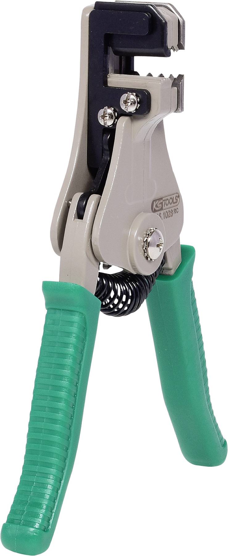 Pinza spelafili con impugnatura verde e lame argentate, ideale per rimuovere l'isolamento dai cavi elettrici.