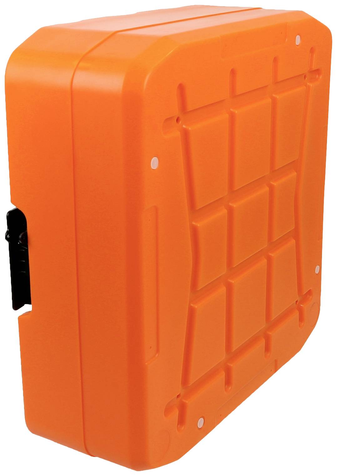Un contenitore rettangolare in plastica di colore arancione brillante con un motivo a scacchiera sulla superficie.