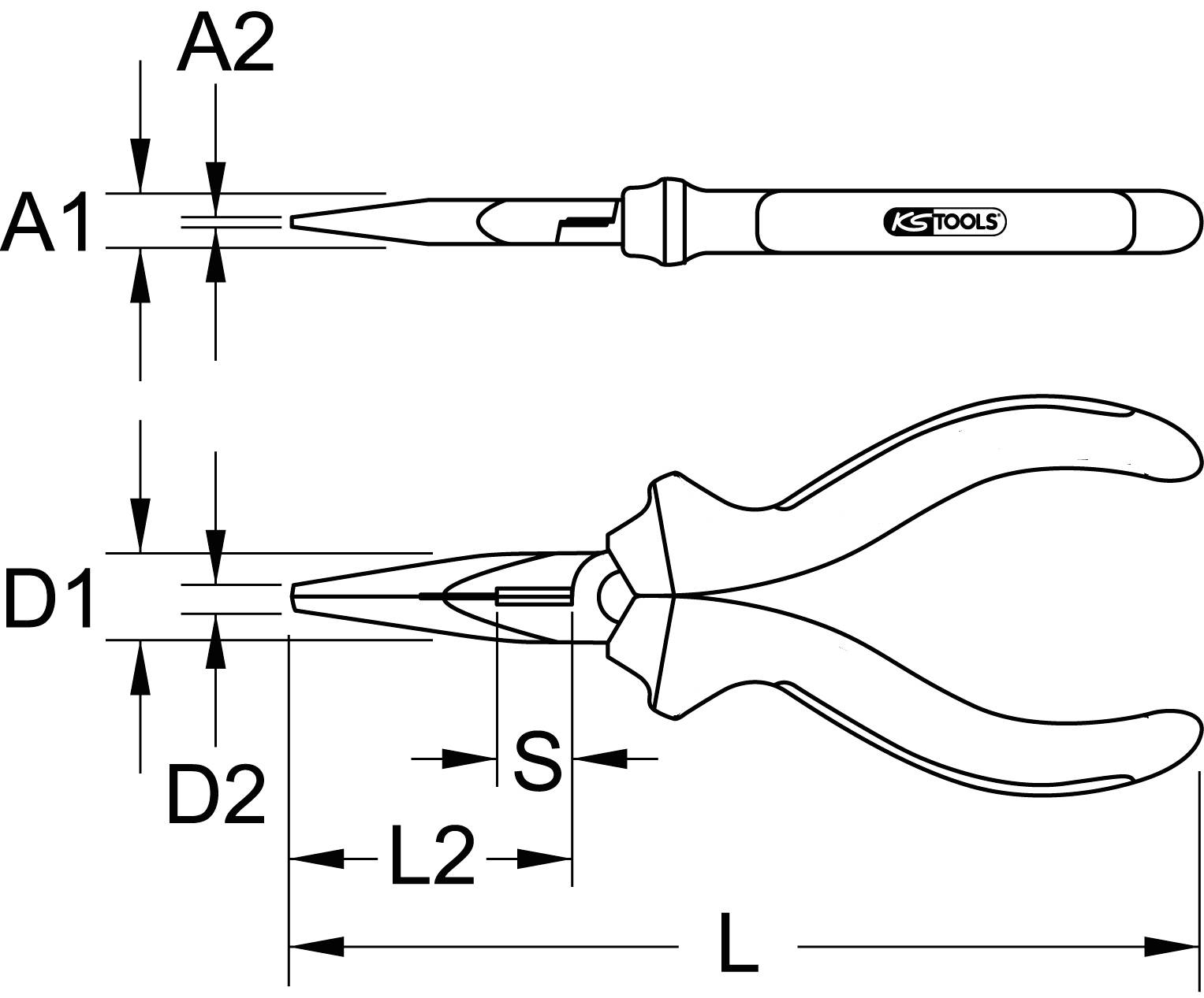 L'immagine mostra due utensili: in alto un cacciavite di precisione KS Tools con dimensioni A1 e A2, in basso una pinza con dimensioni D1, D2, L, L2 e S.