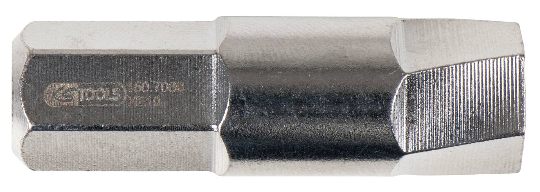 Un utensile in metallo argentato con forma esagonale e superficie scanalata. Iscrizione 'GEDORE 60.70 017'.