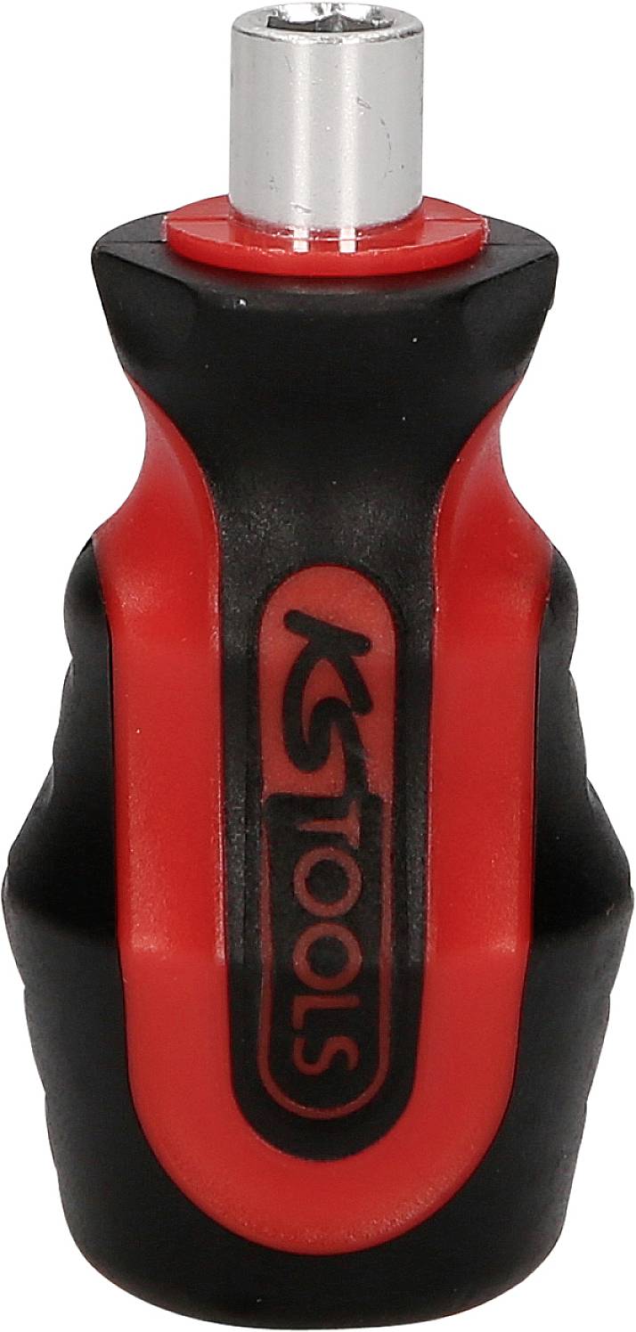 Impugnatura per cacciavite nera e rossa senza punta, fortemente zigrinata per una migliore presa, con il logo 'KS Tools'.