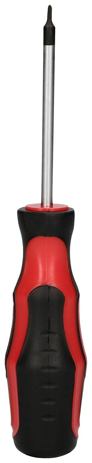 Un cacciavite a croce con impugnatura rossa e nera, raffigurato frontalmente, mostra la punta e la forma ergonomica dell'impugnatura.