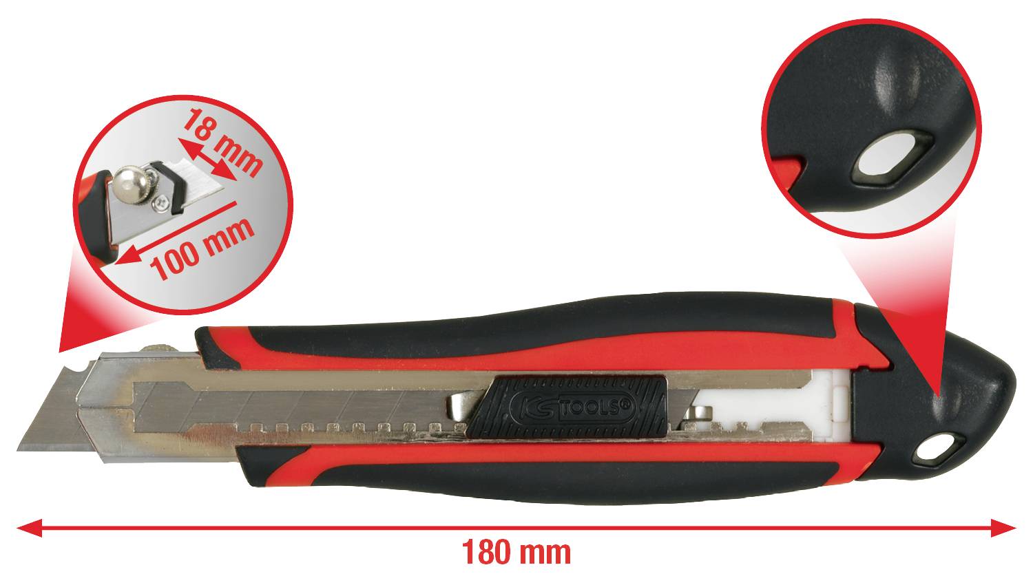 Lama retrattile con impugnatura rossa e nera, larghezza della lama 18 mm, lunghezza della lama 100 mm, lunghezza totale 180 mm, primo piano di una lama.