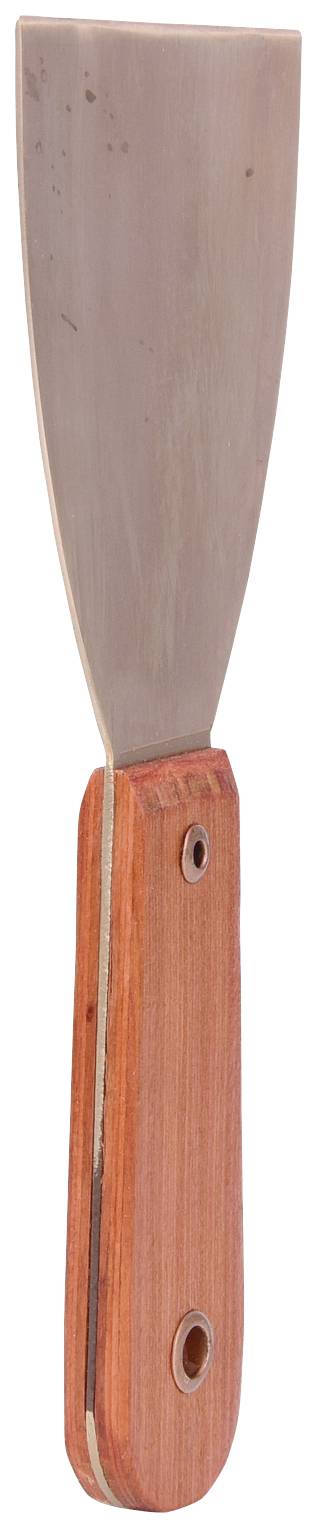 Spatola metallica con manico in legno, spesso utilizzata per rimuovere vernice o stuccare superfici.