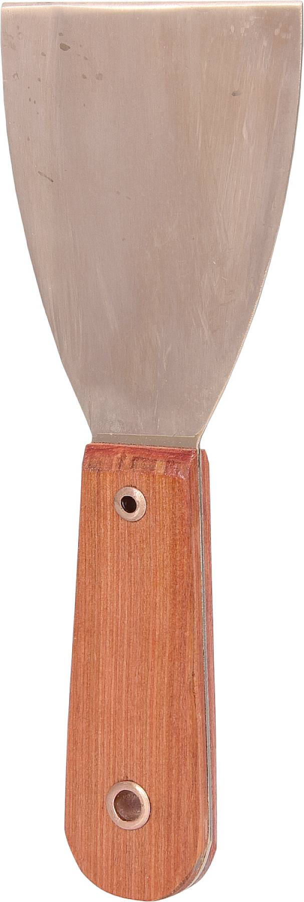 Un raschietto metallico con manico in legno. Ideale per rimuovere vernice o sporcizia dalle superfici.