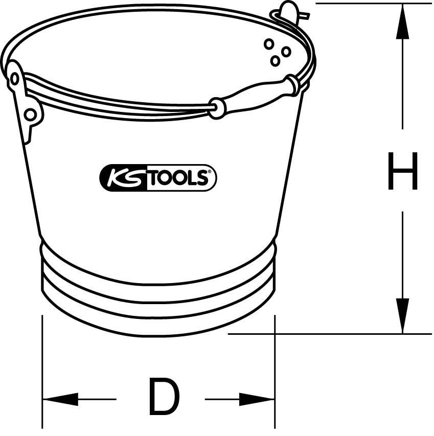 Secchio con rubinetto, stampato con il marchio 'KS Tools'. Misure: diametro (D) e altezza (H) indicate.