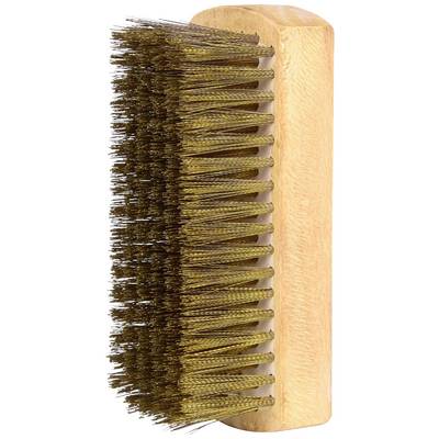 Spazzola in legno con setole metalliche, disposta verticalmente.