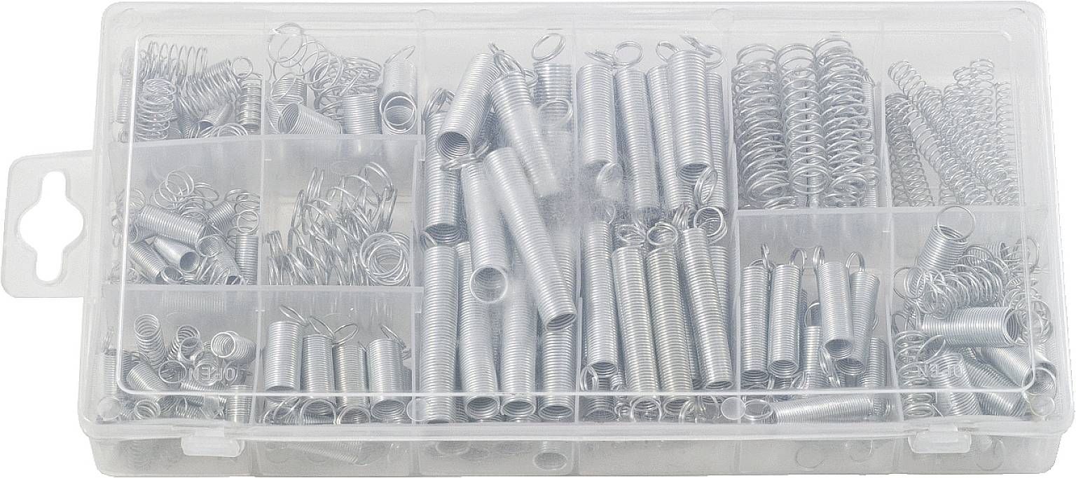 Una scatola trasparente con diversi molle metalliche di dimensioni e forme variegate, organizzate in scomparti.