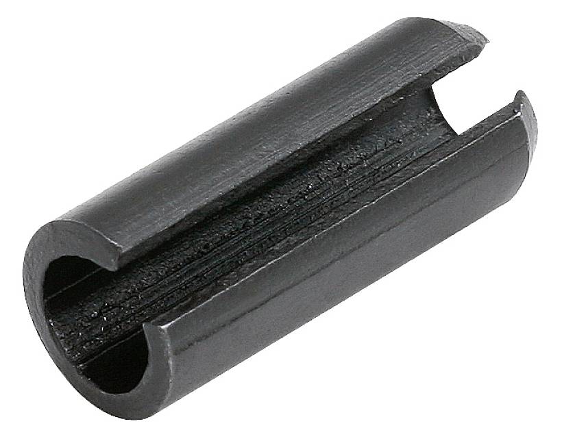 Un clip nero in metallo di forma cilindrica con una fessura longitudinale. Viene spesso utilizzato per il fissaggio in applicazioni tecniche.