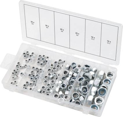 Un contenitore di plastica aperto con scomparti che contengono dadi di diverse dimensioni, da M2 a M10. Le marcature indicano il numero di pezzi per comparto.