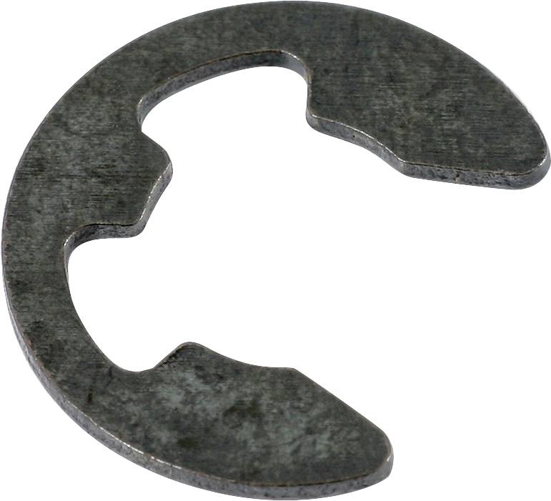 Anello elastico metallico a C di colore metallico su sfondo bianco, utilizzato per fissare componenti su un albero.