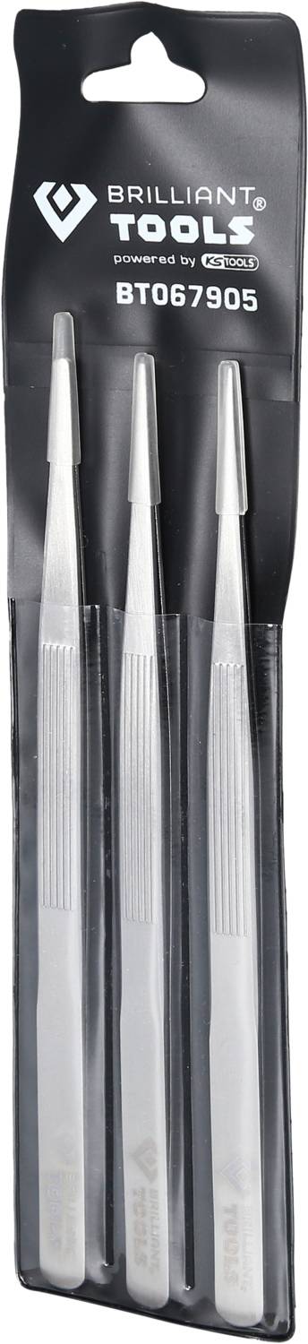 Una confezione con tre pinzette d'argento del marchio 'Brilliant Tools'. Sono lunghe e sottili, adatte a lavori di precisione.