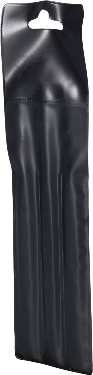 Confezione in plastica nera, allungata, con foro per appenderla nella parte superiore. La funzione o il contenuto non sono visibili.