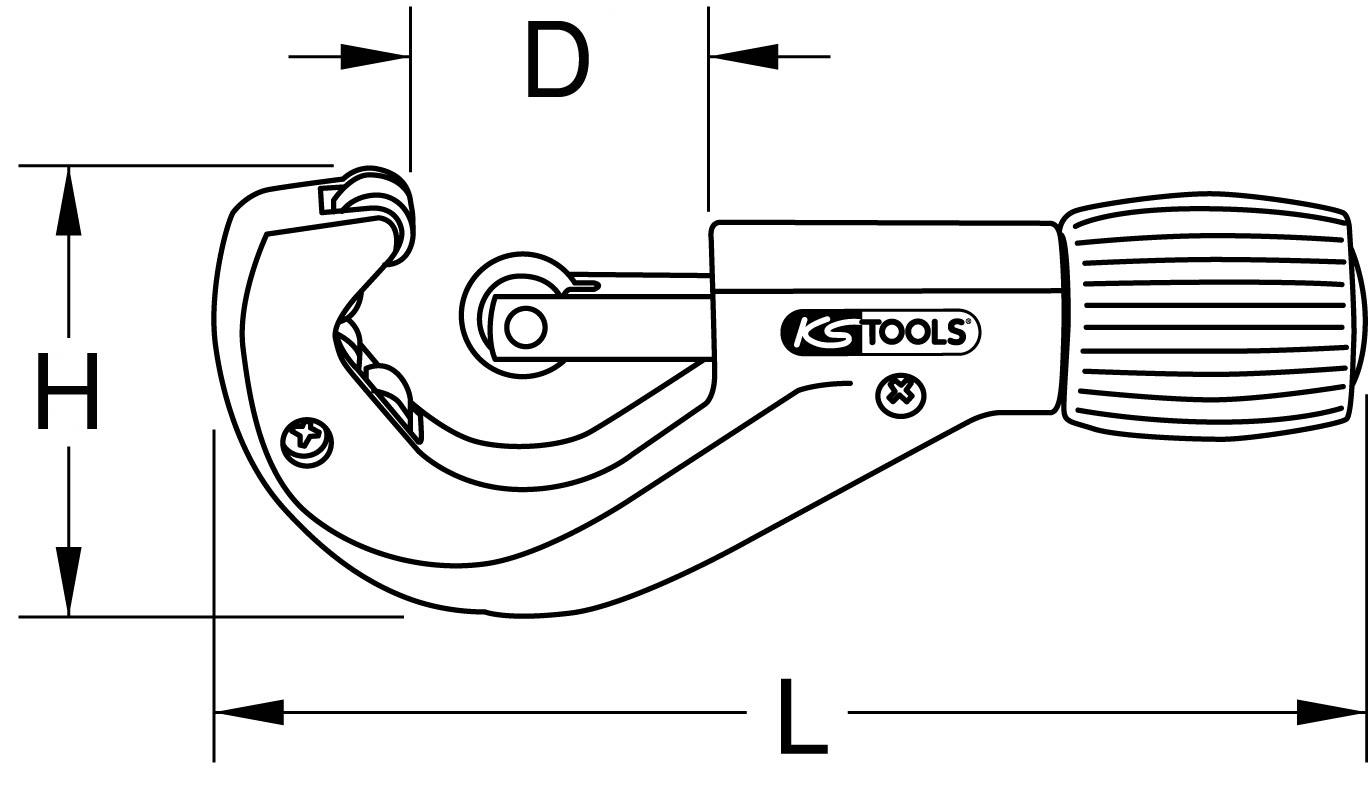 Disegno di un tagliatubi di KS Tools, con illustrazione delle specifiche dimensionali: altezza (H), lunghezza (L), diametro (D).