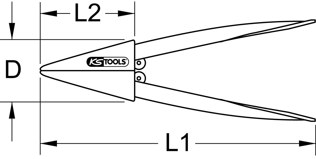 Disegno di una pinza con impugnature. Le dimensioni L1, L2 e D sono indicate. Logo 'KS Tools' sulla pinza.