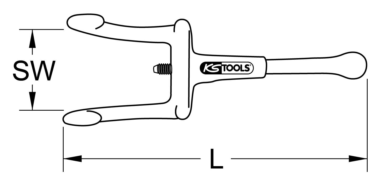 'KS TOOLS' Estrattore per giunti a sfera, disegno tecnico con misure SW (larghezza) e L (lunghezza) contrassegnate, mostra l'utensile su un lato.