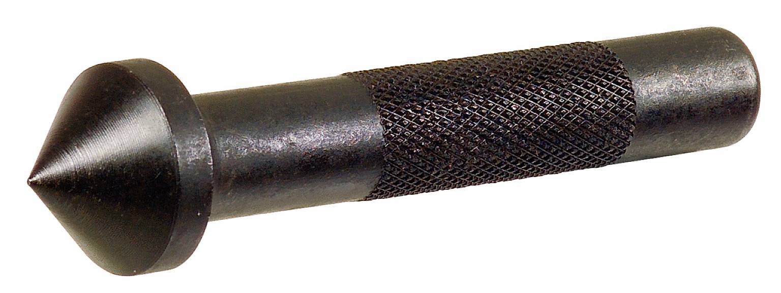 Un perno conico nero in metallo con una superficie impugnata scanalata.