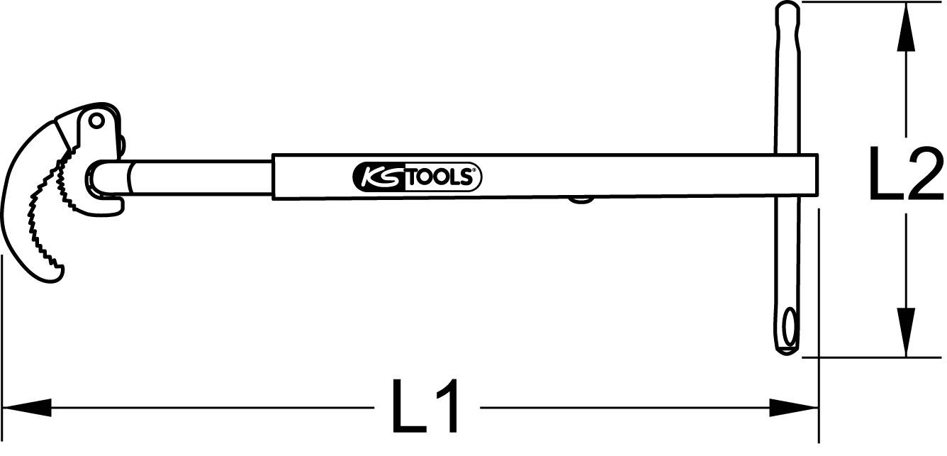 Uno strumento KS Tools con testa di presa regolabile e impugnatura a T, le misure L1 e L2 indicano la lunghezza dei componenti.