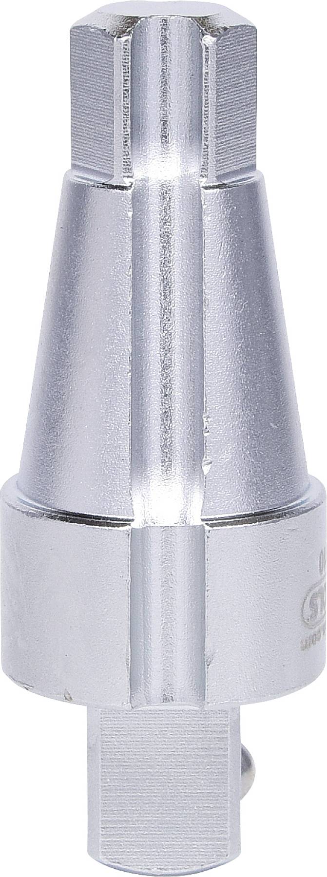 Un componente metallico color argento, cilindrico, con aree strutturate per l'impugnatura, probabilmente un'estensione per utensili o un adattatore.