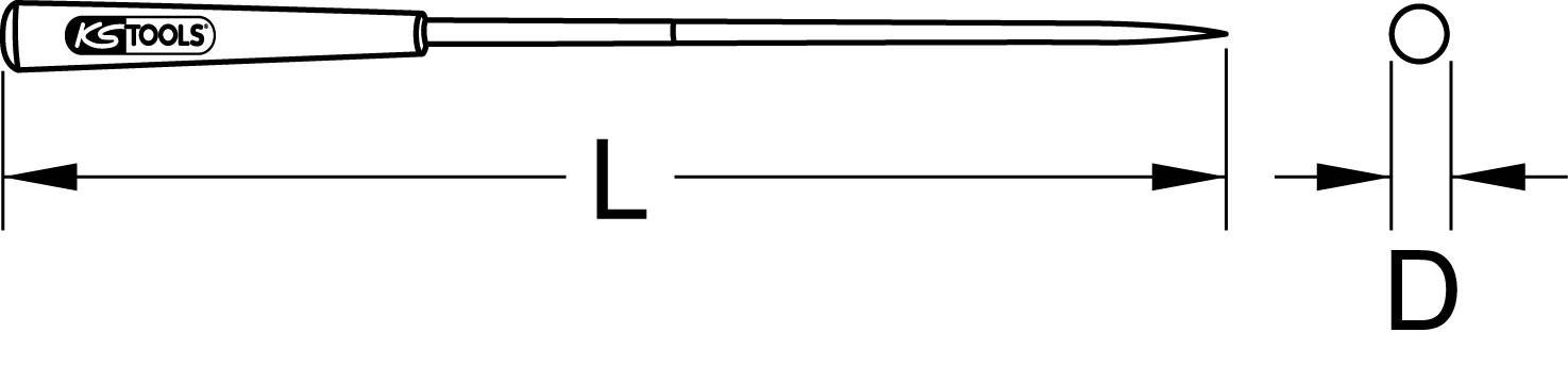 Diagramma di un'alesatore appuntito con il logo 'KS Tools'. Mostra le misure: lunghezza 'L', diametro 'D'. Componente principale: sottile ago metallico appuntito.