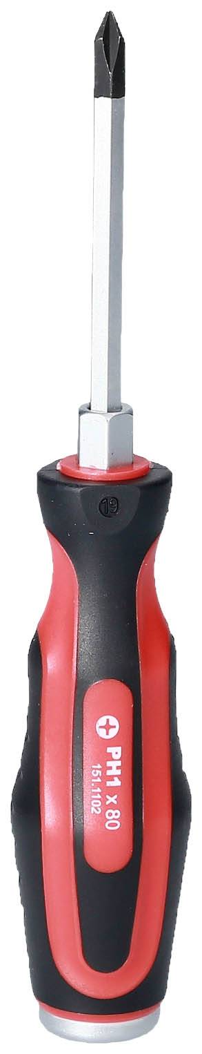 Un cacciavite rosso e nero con testa a croce, disposto verticalmente, su sfondo bianco.