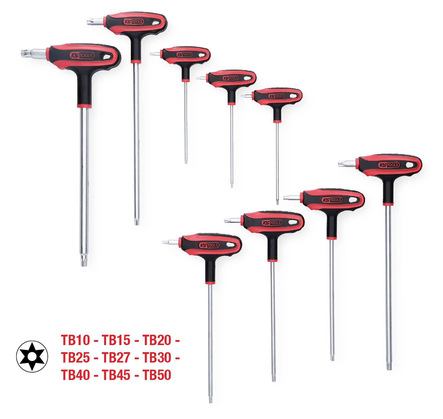 Set di nove cacciaviti a brugola con manico rosso in diverse dimensioni, da TB10 a TB50, su sfondo bianco.