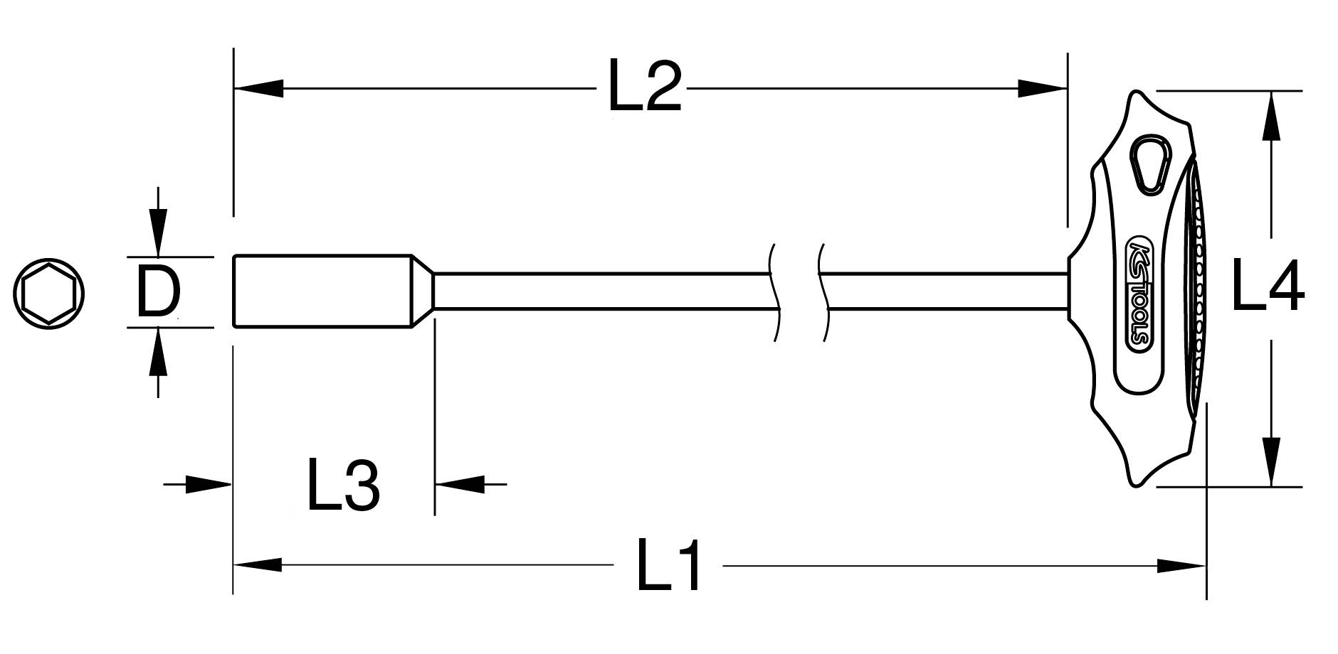 Disegno tecnico di un cacciavite con dimensioni: lunghezza totale (L1), lunghezza dell'impugnatura (L4), lunghezza dell'asta (L2, L3) e diametro (D).