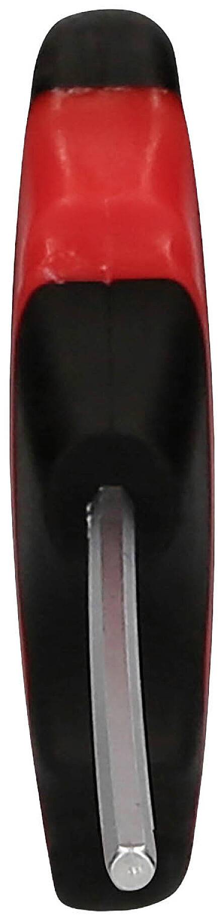 Un pennarello nero e rosso, posizionato verticalmente, con la punta rivolta verso il basso.