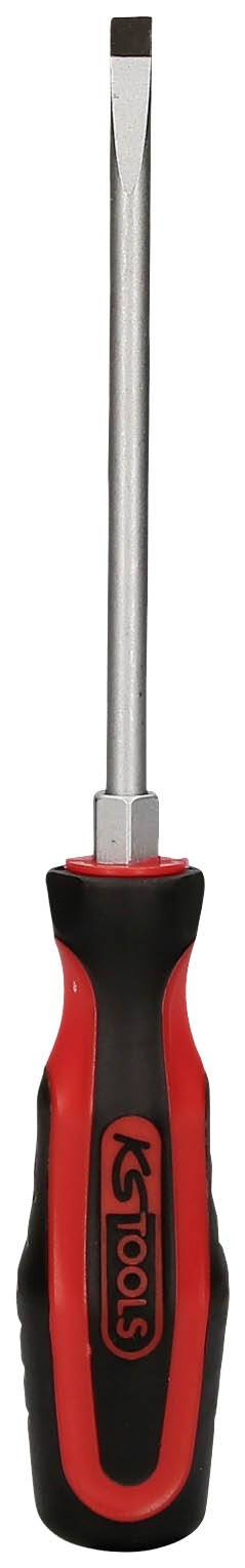 Un cacciavite rosso e nero con punta a taglio. Il design dell'impugnatura è ergonomico e reca il logo 'KS Tools'.