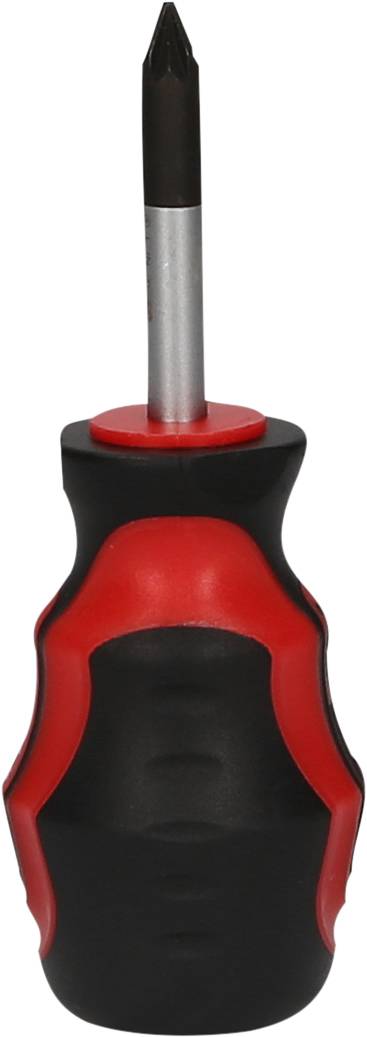Un cacciavite nero e rosso con impugnatura ergonomica e punta a croce.