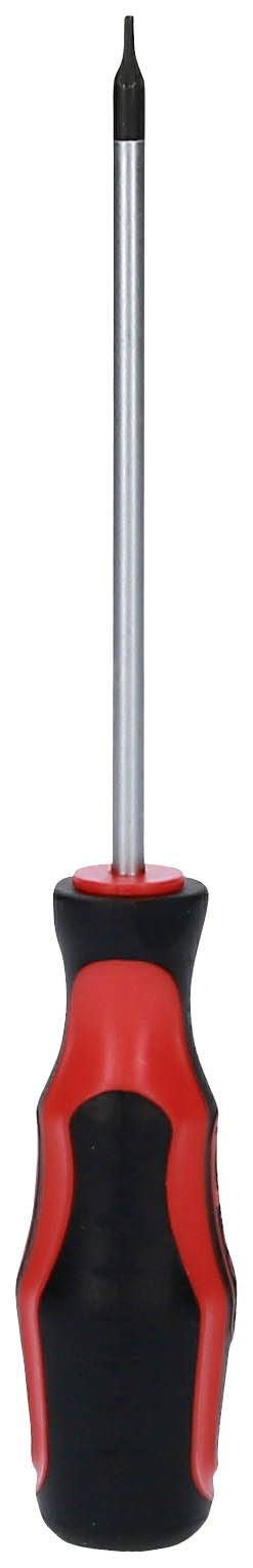Un cacciavite rosso e nero con una testa lunga e stretta, adatto a stringere o allentare viti.