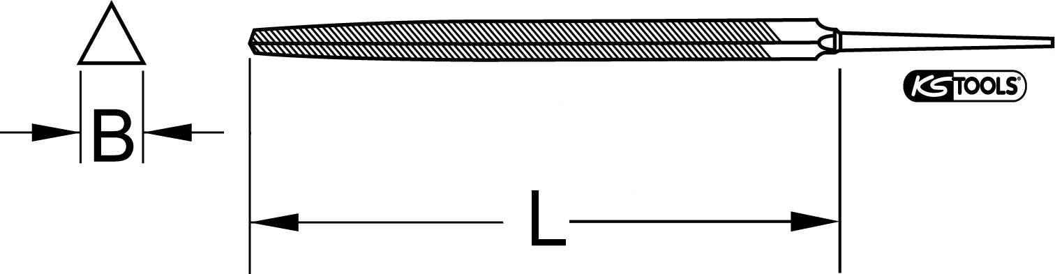 Figura di una lima triangolare con dimensioni. La larghezza è contrassegnata con 'B' e la lunghezza con 'L'. Logo KS Tools a destra.