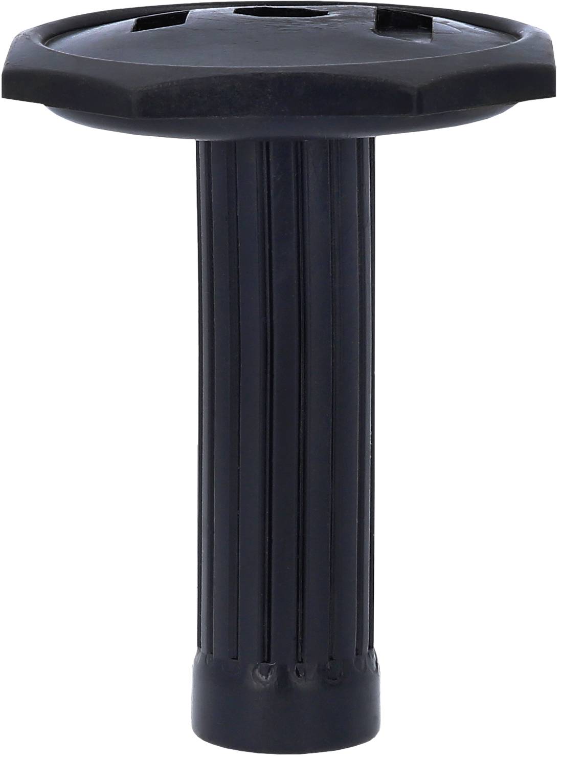 Un manico nero in plastica verticale con design a nervature, adatto per manubri di biciclette o simili attrezzature sportive.