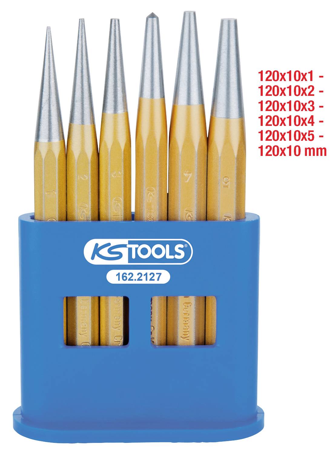Set di 6 scalpelli in un supporto blu. Diverse dimensioni e forme per vari utilizzi. Indicazioni di misura in rosso a destra.