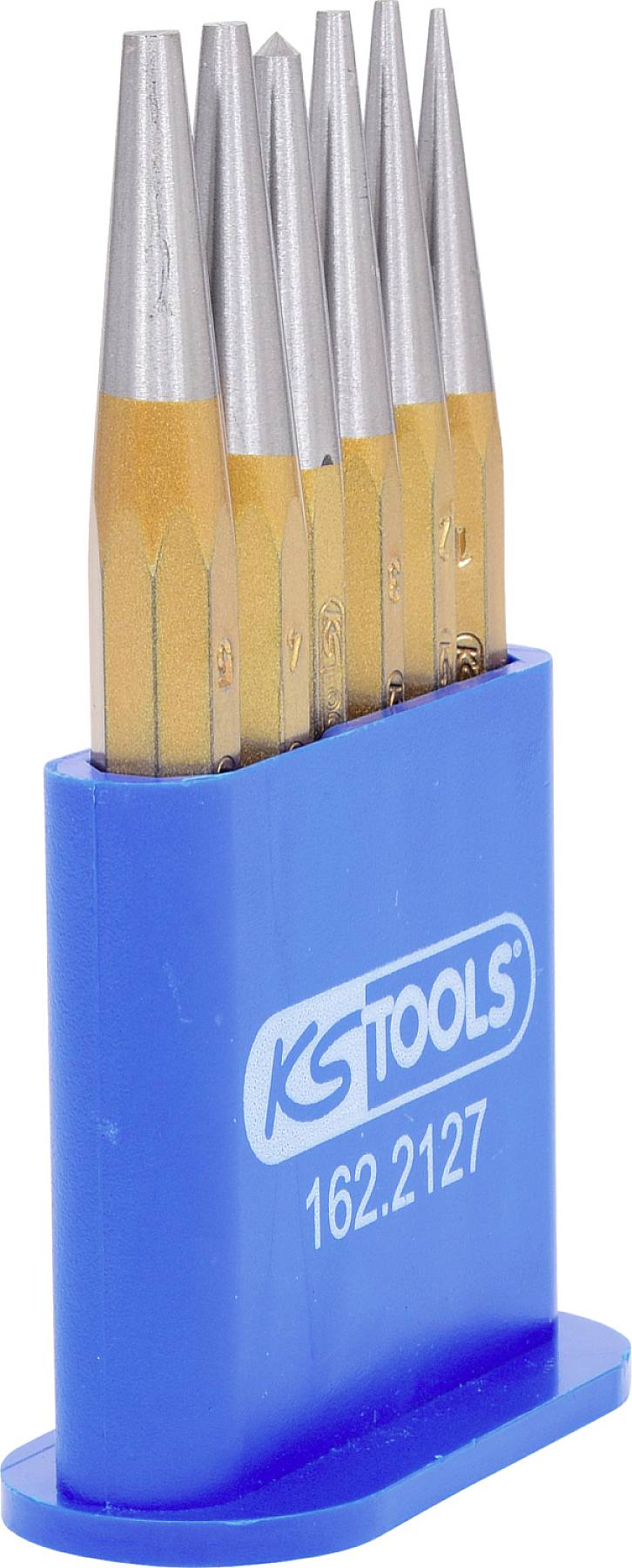 Un astuccio blu con il logo 'KS TOOLS' contiene sei timbri di precisione con punte argentate, disposti verticalmente.