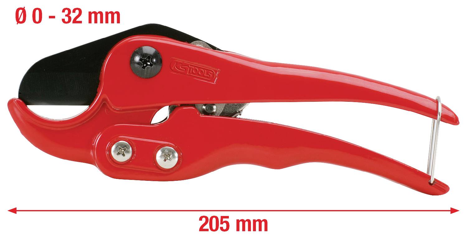 Forbice rossa per tubi PVC con capacità di taglio da 0 a 32 mm e lunghezza totale di 205 mm.