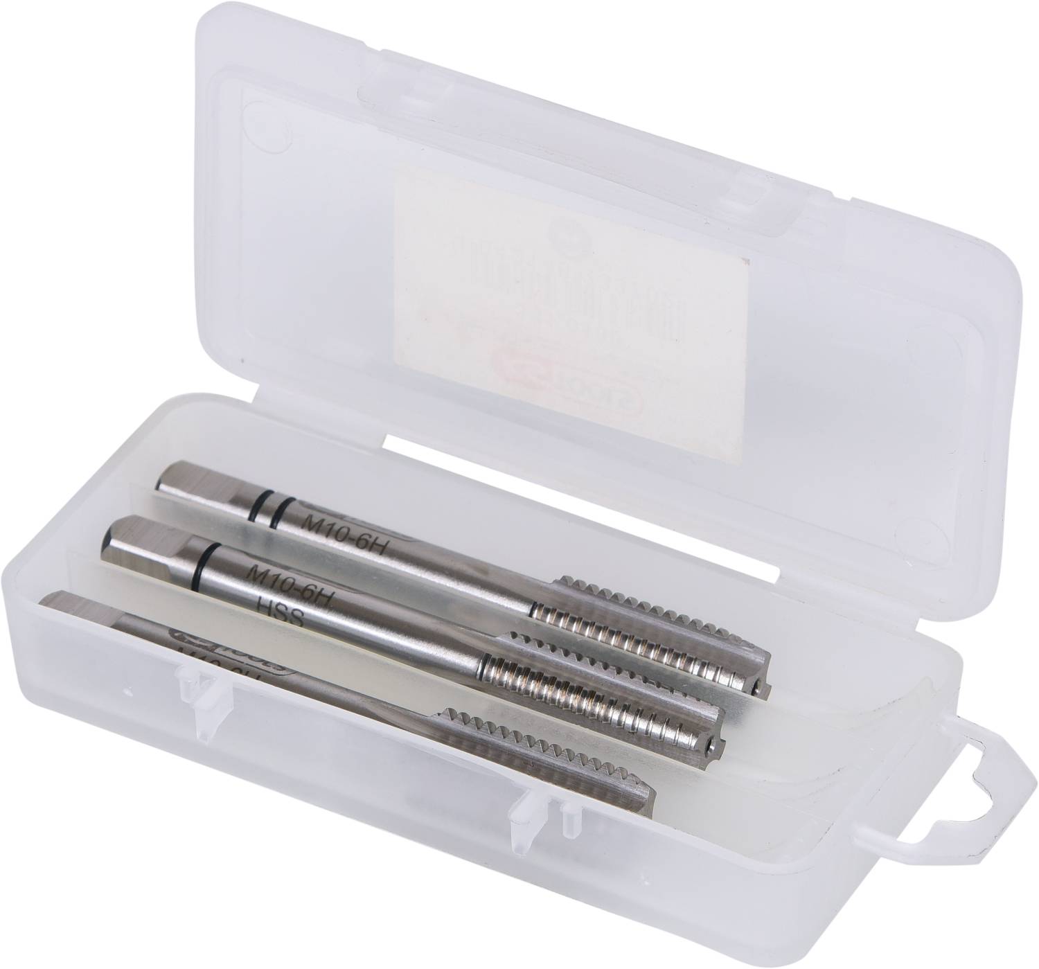 Tre penne d'argento metalliche con impugnature scanalate sono contenute in un contenitore trasparente di plastica.