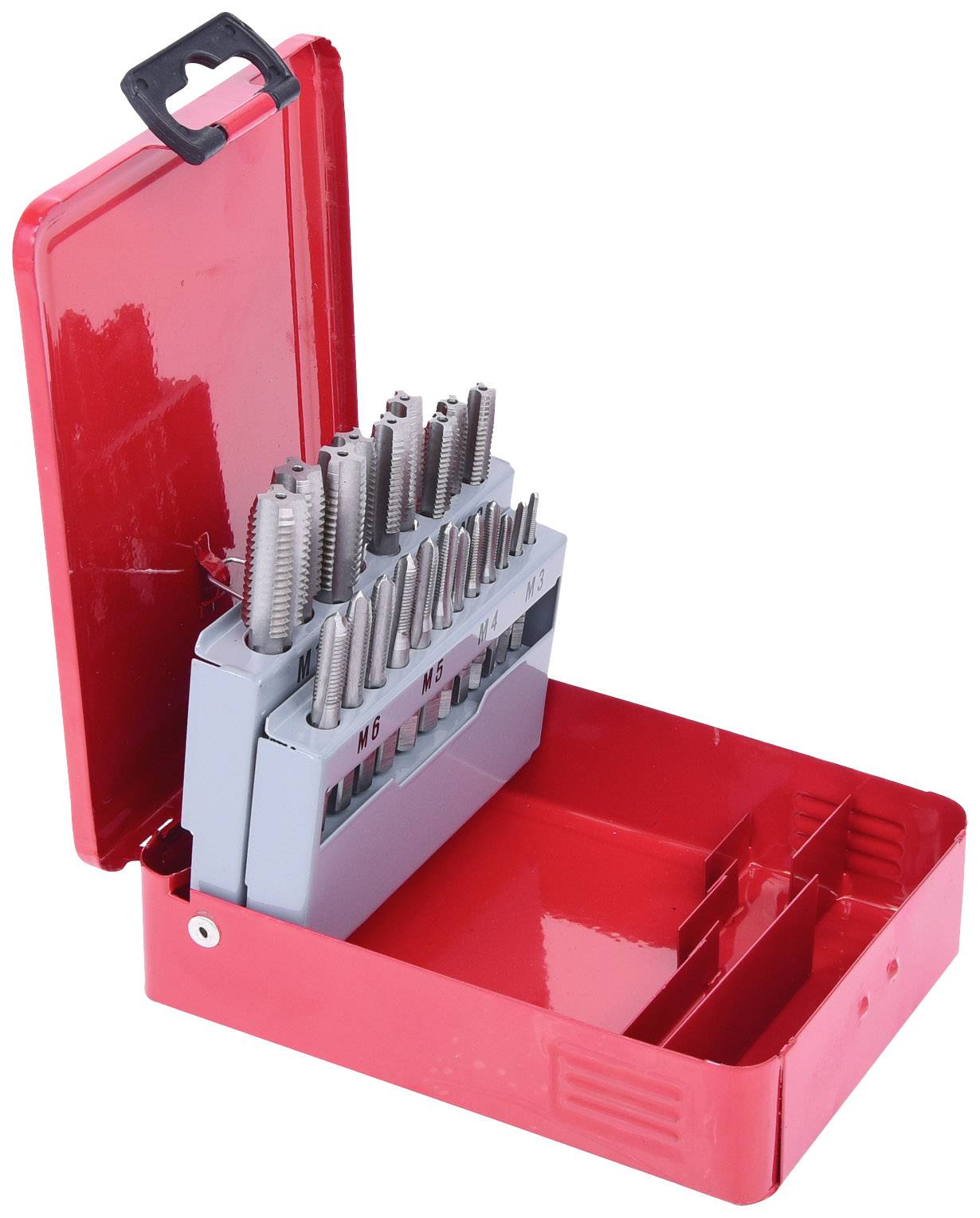 Astuccio rosso con coperchio aperto che mostra diversi punte metalliche disposte su due file, organizzate in un supporto grigio.