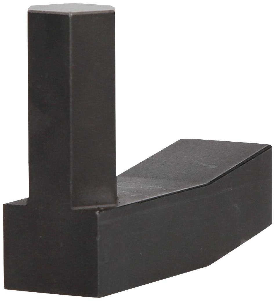 Un pezzo di acciaio nero, a forma di L, massiccio, con un braccio corto e uno più lungo, che potrebbe servire come fermo.