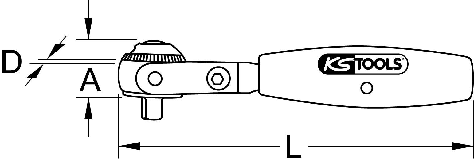 Illustrazione di una chiave dinamometrica con indicazione della lunghezza 'L', parte dentata 'A' e profondità 'D'. Marcatura con logo 'KS Tools'.