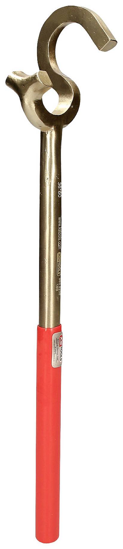 Una chiave inglese dorata con un manico rosso, che presenta una punta curva a uncino e una struttura ad anello.