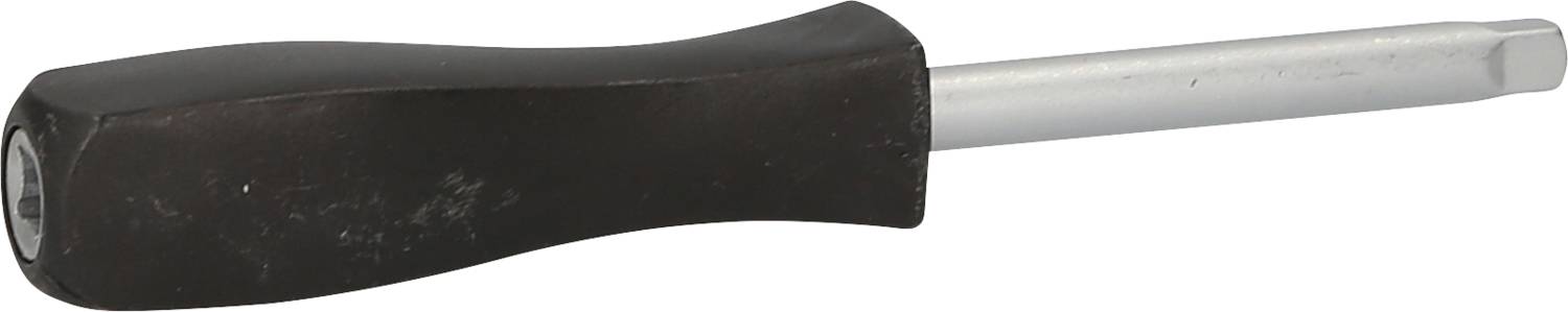 Un cacciavite con un manico nero e una lama d'argento.