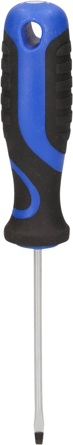 Un cacciavite a croce blu con manico nero e superficie antiscivolo.