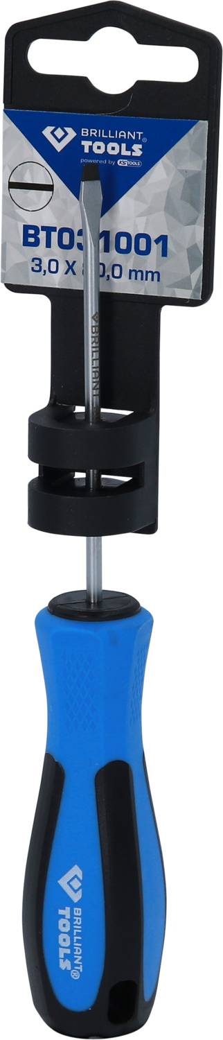 Un cacciavite blu con impugnatura nera e confezione che riporta 'Brilliant Tools BT031001 3,0 x 0,5 mm'.