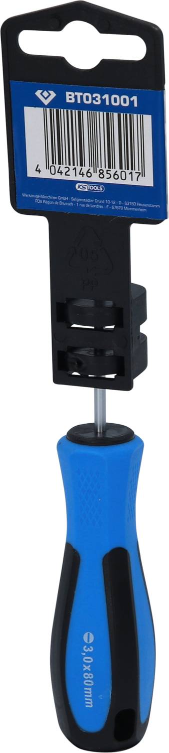 Cacciavite con impugnatura blu-nera, in confezione originale con codice a barre. Nome del marchio e numero di prodotto 'BT031001' sull'etichetta.