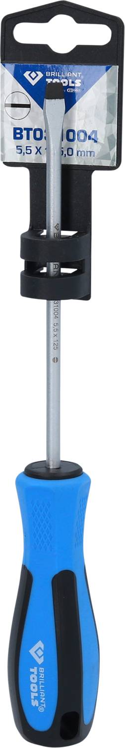 Cacciavite blu con manico nero e lama argentata, marca stahlwille, dimensione 5,5 x 100 mm, fissato su supporto per esposizione.