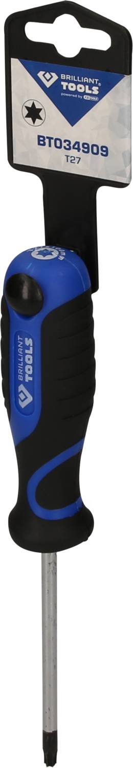 Cacciavite con chiave a T27 Torx, impugnatura ergonomica blu-nera. Logo del marchio e numero articolo sulla confezione.