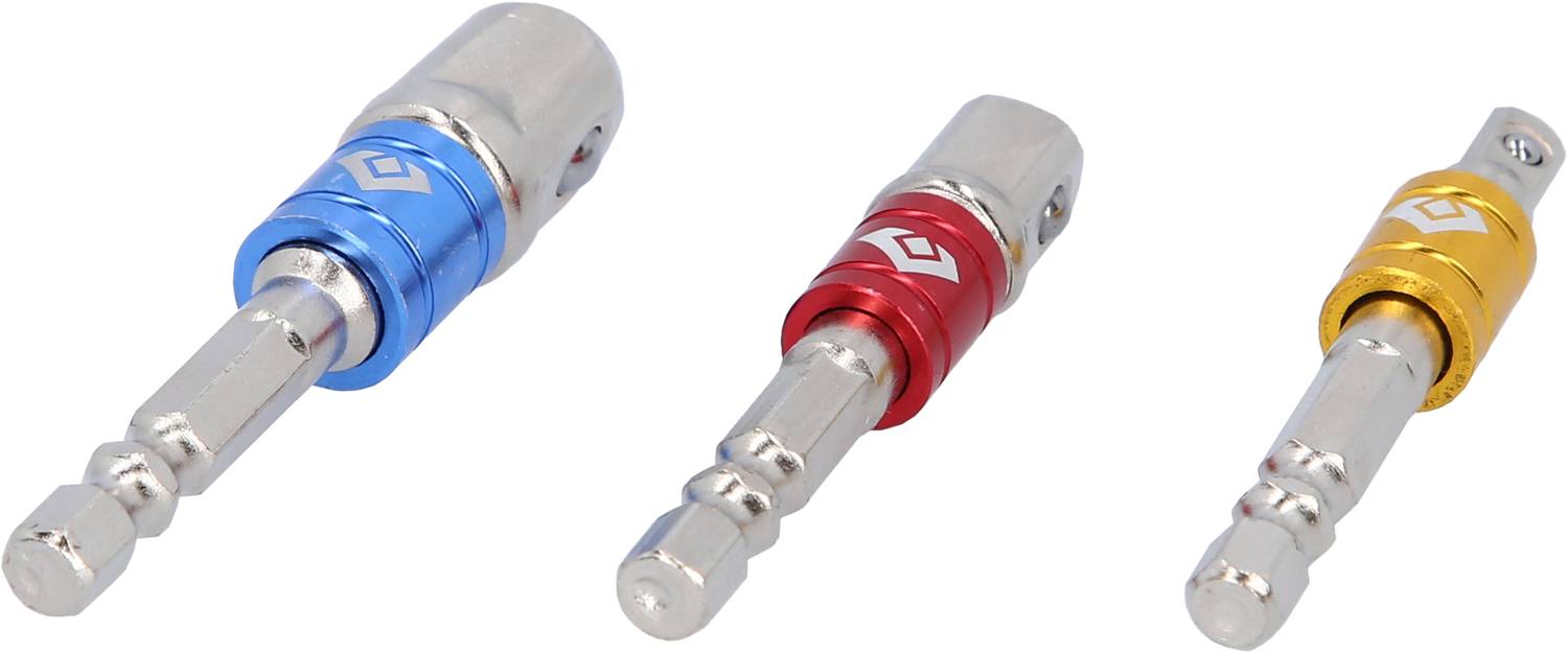 Tre inserti a chiave colorati (blu, rosso, giallo) di dimensioni diverse, probabilmente utilizzati per cacciaviti o trapani.